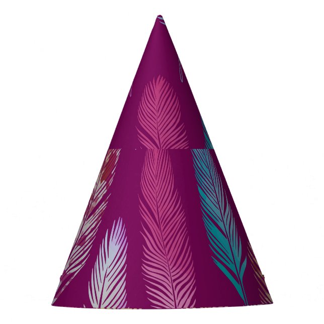 Colourful feathers: purple background pattern. party hat (Front)