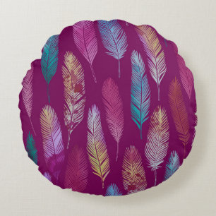 Colourful feathers: purple background pattern. round pillow