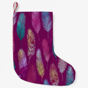 Colourful feathers: purple background pattern. small christmas stocking