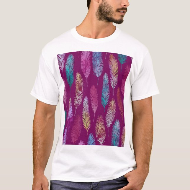 Colourful feathers: purple background pattern. T-Shirt (Front)