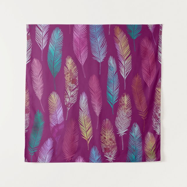 Colourful feathers: purple background pattern. tapestry (Front)