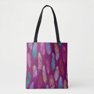 Colourful feathers: purple background pattern. tote bag