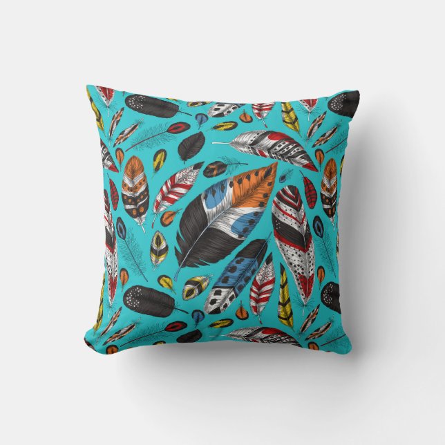 Colourful feathers throw pillow (Front)