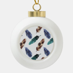 Colourful Feathers Tribal Texture Ceramic Ball Christmas Ornament