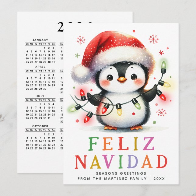 Colourful Feliz Navidad Penguin Spanish Christmas Holiday Card (Front/Back)