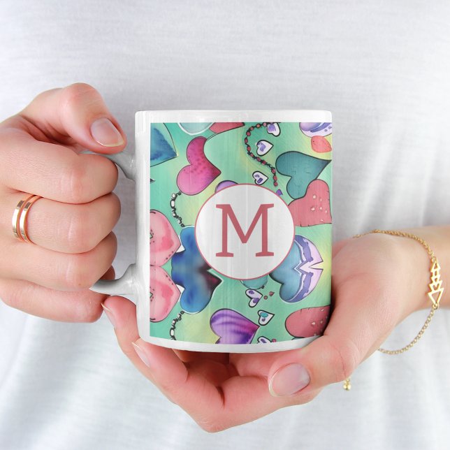 Colourful Feminine Heart Pattern Creative Initial Coffee Mug (Creator Uploaded)