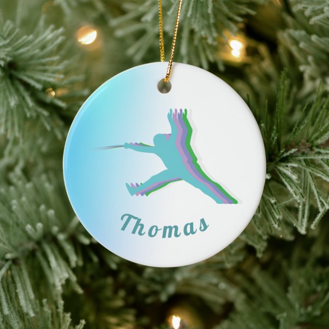 Colourful Fencer Silhouette Fencing Boy's Name Coo Ceramic Ornament (Tree)