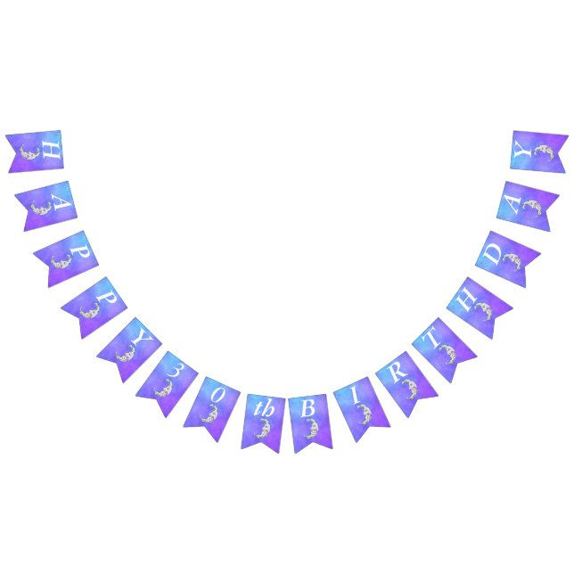 Colourful Festive Birthday Crescent Moon on Purple Bunting Flags (All)