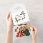 Colourful Festive Christmas Floral w/Label All In One Invitation<br><div class="desc">Joyous festive and colourful spray of holiday flowers featuring pine branches,  poinsettias,  dogwood blossoms,  leaves and holly with blank label for your personalization. Panels feature complementary floral graphics,  tearaway photo and additional text fields.</div>
