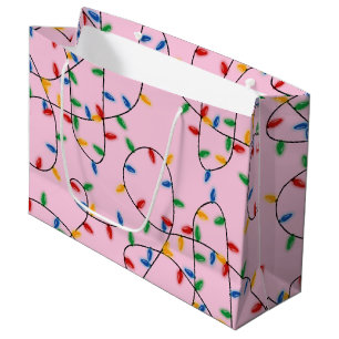 Colourful Festive Christmas Lights Pattern Pink   Large Gift Bag