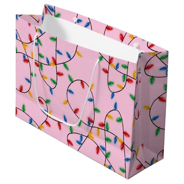 Colourful Festive Christmas Lights Pattern Pink   Large Gift Bag (Front Angled)