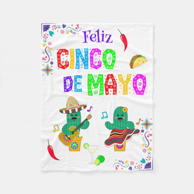 Colourful Festive Cinco de Mayo 2025 Dancing Cactu Fleece Blanket (Front)