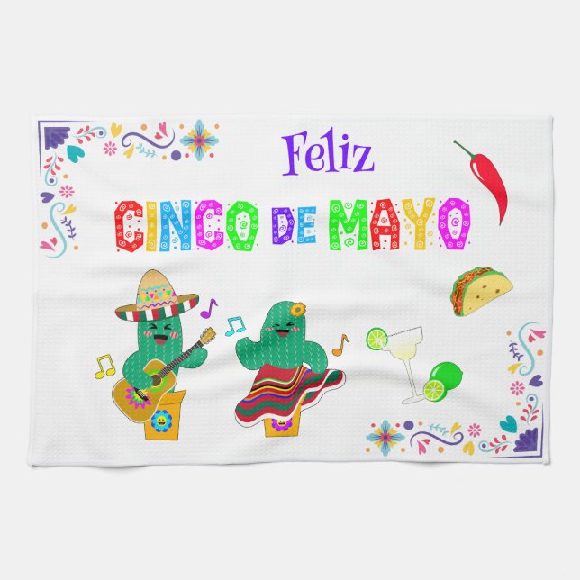Colourful Festive Cinco de Mayo 2025 Dancing Cactu Kitchen Towel (Horizontal)
