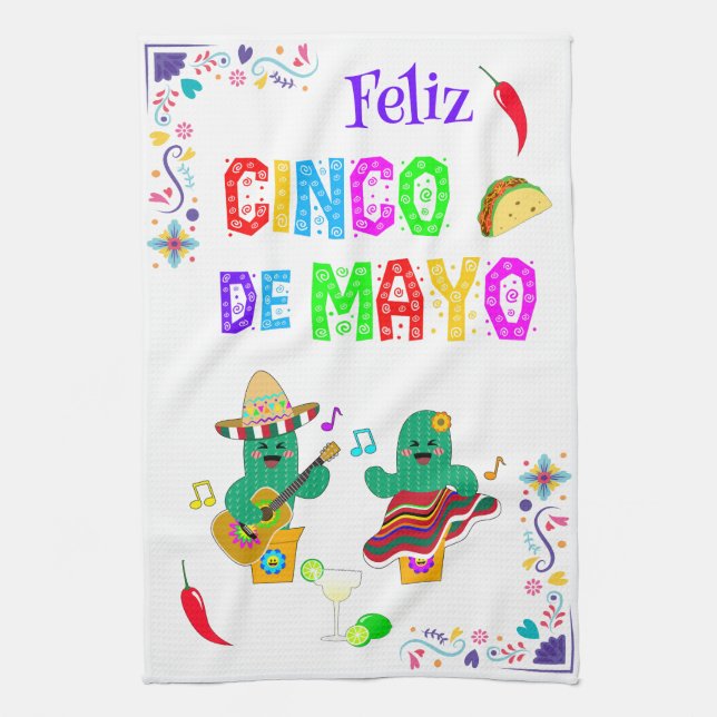 Colourful Festive Cinco de Mayo 2025 Dancing Cactu Kitchen Towel (Vertical)