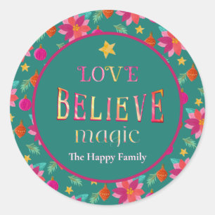 Colourful Festive Floral Believe Christmas Classic Round Sticker