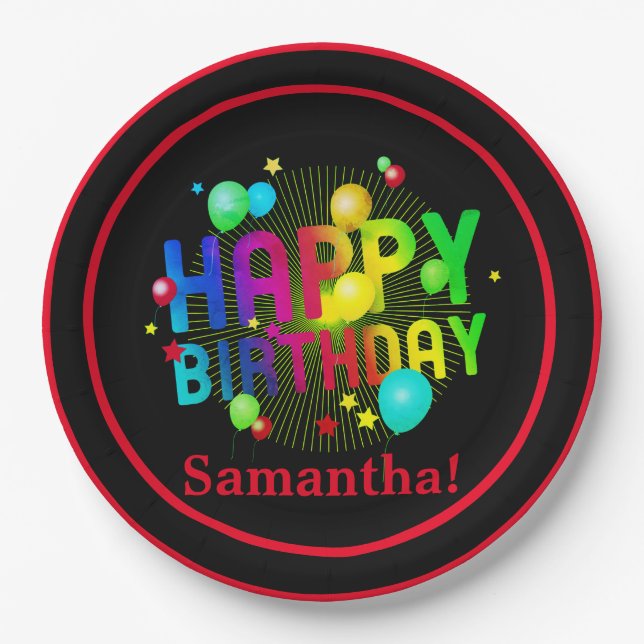 Colourful Festive Happy Birthday Customizable Paper Plate (Front)