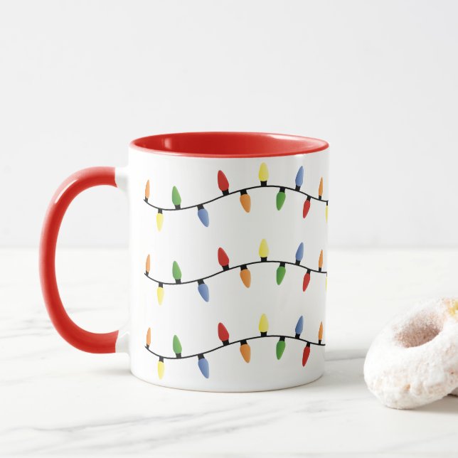 Colourful Festive Holiday Tree Lights Art Pattern Mug (With Donut)