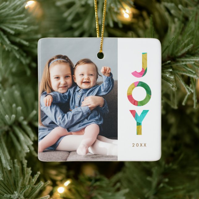 Colourful Festive JOY Christmas Photo Ceramic Ornament (Tree)