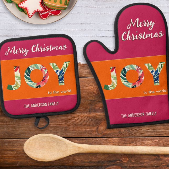 Colourful Festive Joy To The World Merry Christmas Oven Mitt & Pot Holder Set (A festive Christmas oven glove and pot holder set in orange and pink with 'Joy to the World' words)