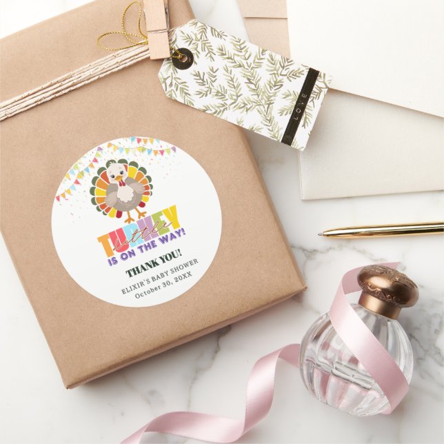 Colourful Festive Little Turkey Baby Shower Classic Round Sticker (Gifting)
