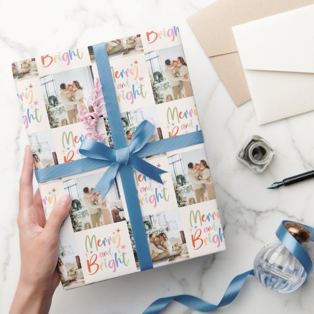 Colourful Festive Merry and Bright Photo Christmas Wrapping Paper (Gifting)