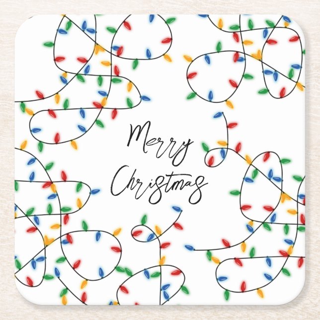 Colourful Festive Merry Christmas Lights Pattern  Square Paper Coaster (Front)