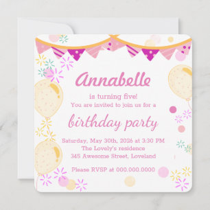 Colourful & Festive Pinkish Girl's Birthday Party Invitation
