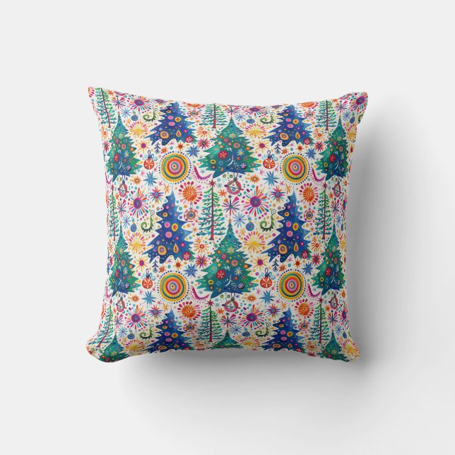 Colourful Festive Tree Pattern Throw Pillow (Front)