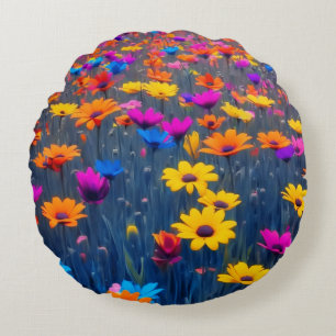Colourful Field Of Flowers Round Pillow