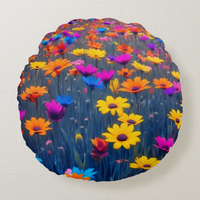 Colourful Field Of Flowers Round Pillow (Front)