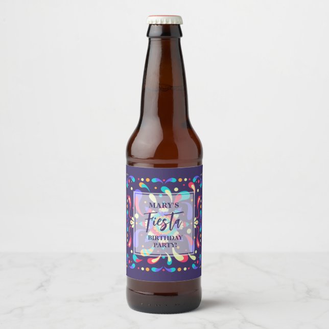 Colourful Fiesta Blue Beer Bottle Label (Front)