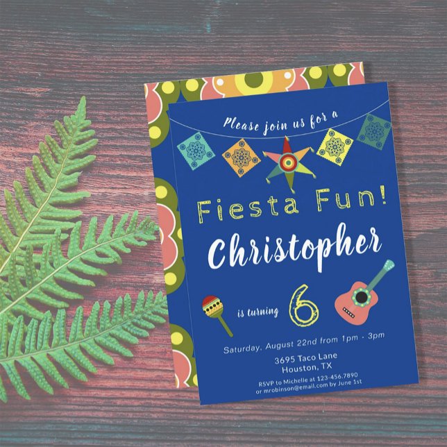 Colourful Fiesta Boys Birthday Party Invitation (FIESTA FUN BLUE BIRTHDAY INVITATION)