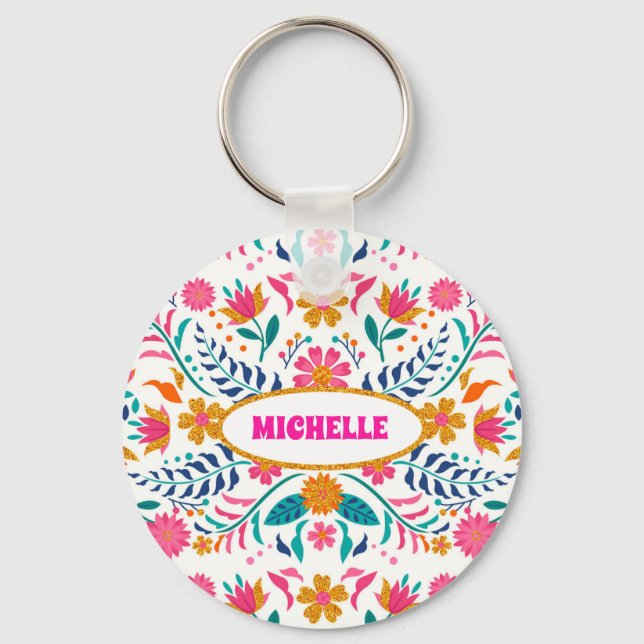 Colourful Fiesta Mexican Flower Spanish Latina Keychain (Front)