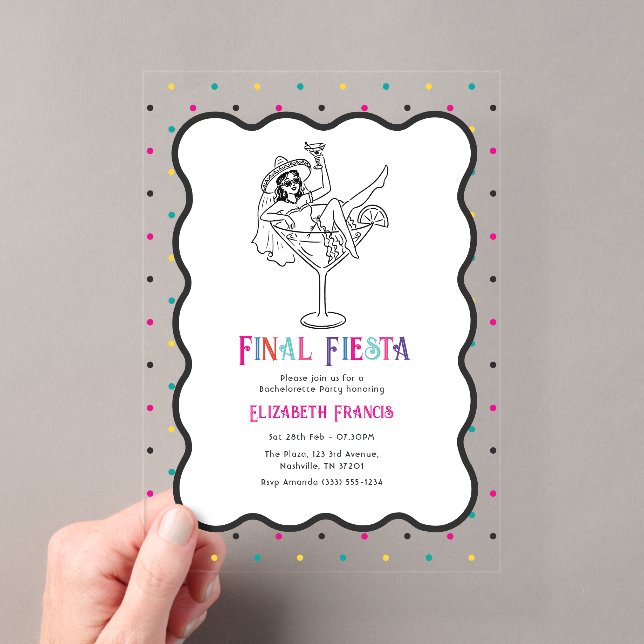 Colourful Final Fiesta Confetti Bachelorette Party Acrylic Invitations (Insitu (Handheld))