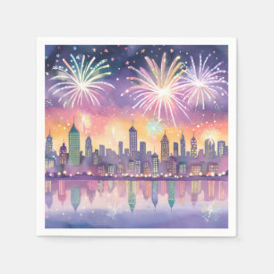 Colourful Fireworks City Watercolor   Lofi New Yea Napkin