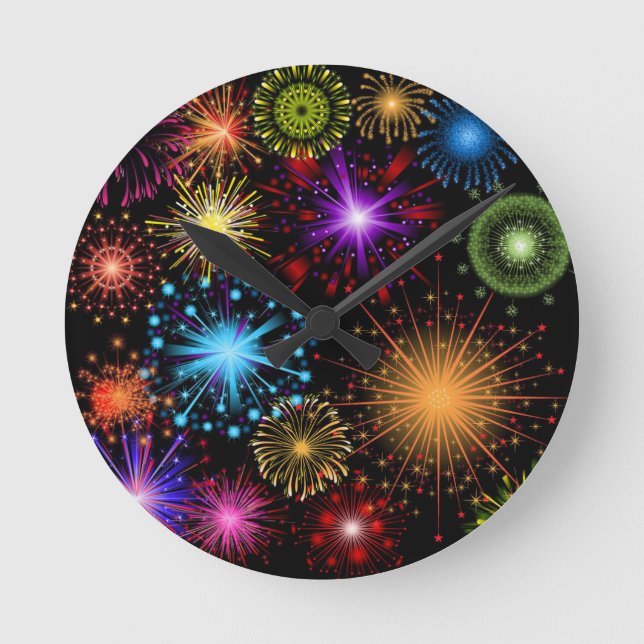 Colourful fireworks New Year Round Clock (Front)