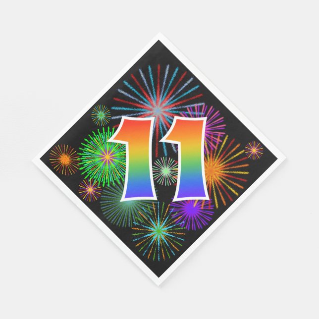 Colourful Fireworks + Rainbow Pattern "11" Event # Napkin (Corner)