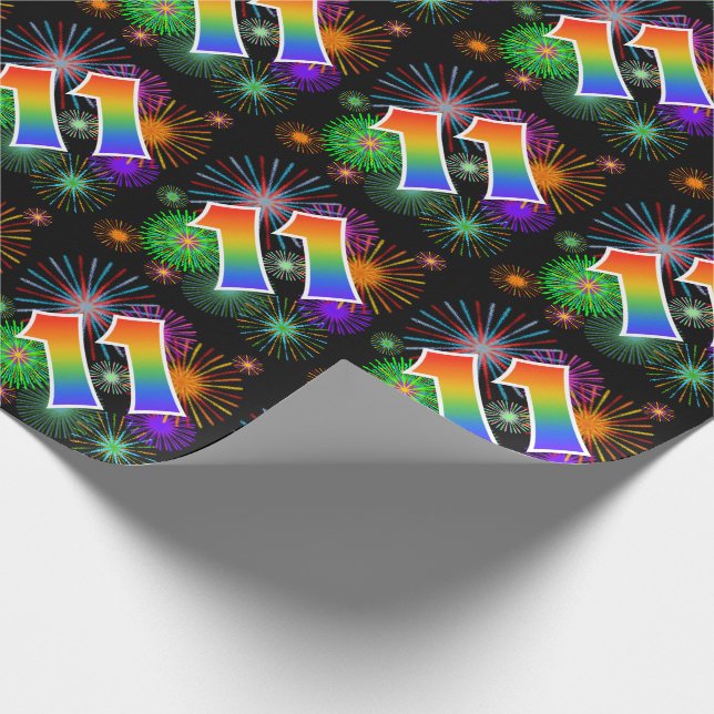 Colourful Fireworks + Rainbow Pattern "11" Event # Wrapping Paper (Corner)