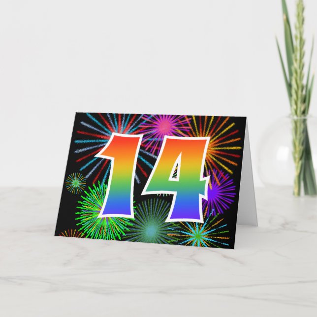 Colourful Fireworks + Rainbow Pattern "14" Event # Card (Front)