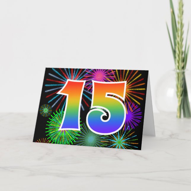Colourful Fireworks + Rainbow Pattern "15" Event # Card (Front)
