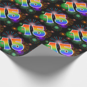 Colourful Fireworks + Rainbow Pattern "15" Event # Wrapping Paper
