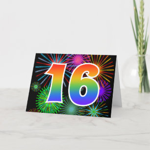 Colourful Fireworks + Rainbow Pattern "16" Event # Card