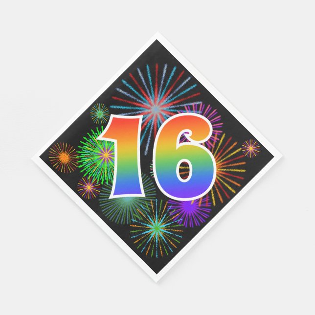 Colourful Fireworks + Rainbow Pattern "16" Event # Napkin (Corner)