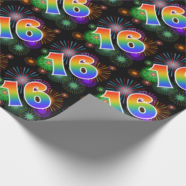 Colourful Fireworks + Rainbow Pattern "16" Event # Wrapping Paper (Corner)