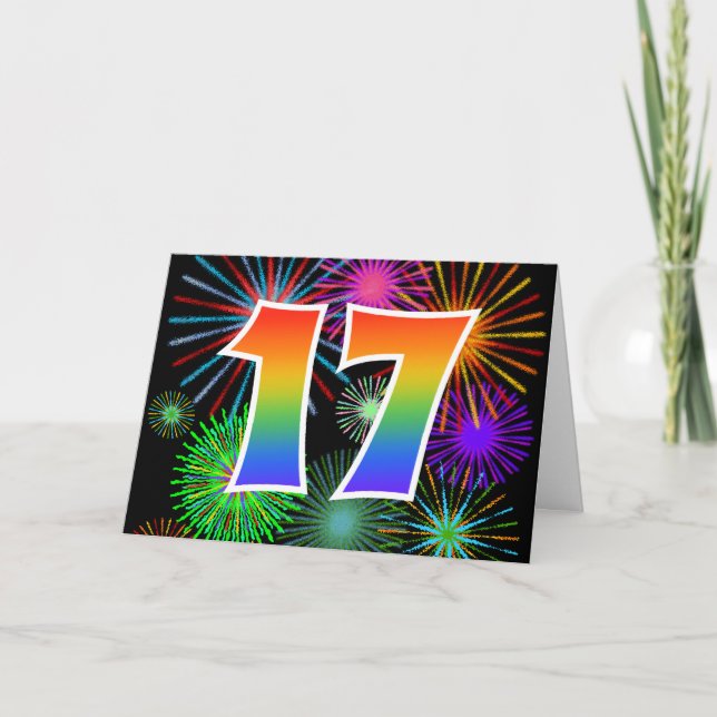 Colourful Fireworks + Rainbow Pattern "17" Event # Card (Front)