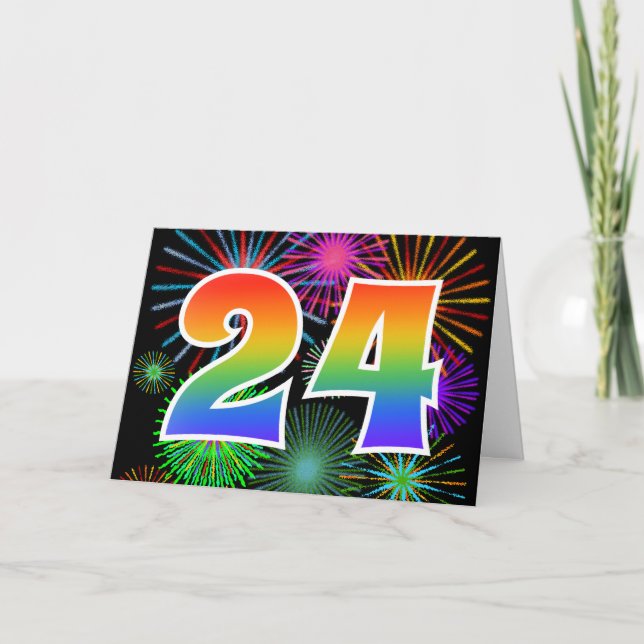 Colourful Fireworks + Rainbow Pattern "24" Event # Card (Front)