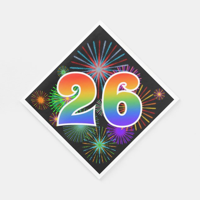 Colourful Fireworks + Rainbow Pattern "26" Event # Napkin (Corner)