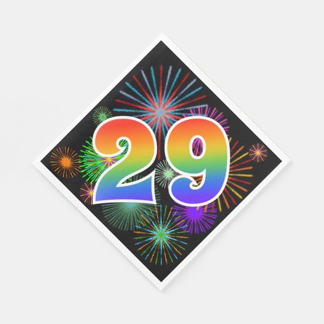 Colourful Fireworks + Rainbow Pattern "29" Event # Napkin (Corner)
