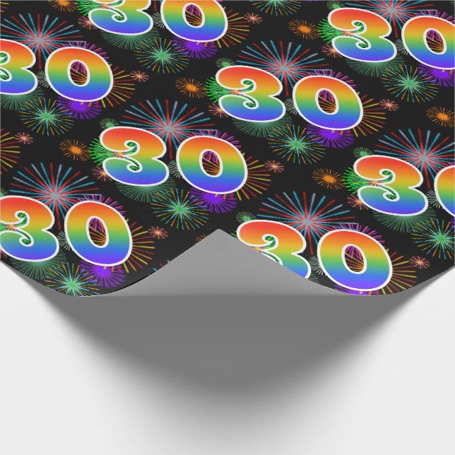 Colourful Fireworks + Rainbow Pattern "30" Event # Wrapping Paper (Corner)
