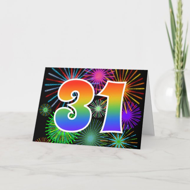 Colourful Fireworks + Rainbow Pattern "31" Event # Card (Front)